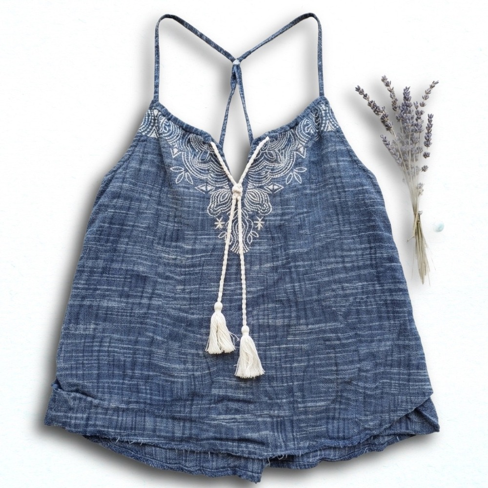 Abercrombie & Fitch Blue Embroidered Tassel Cami Tank Top Boho T-Back Small